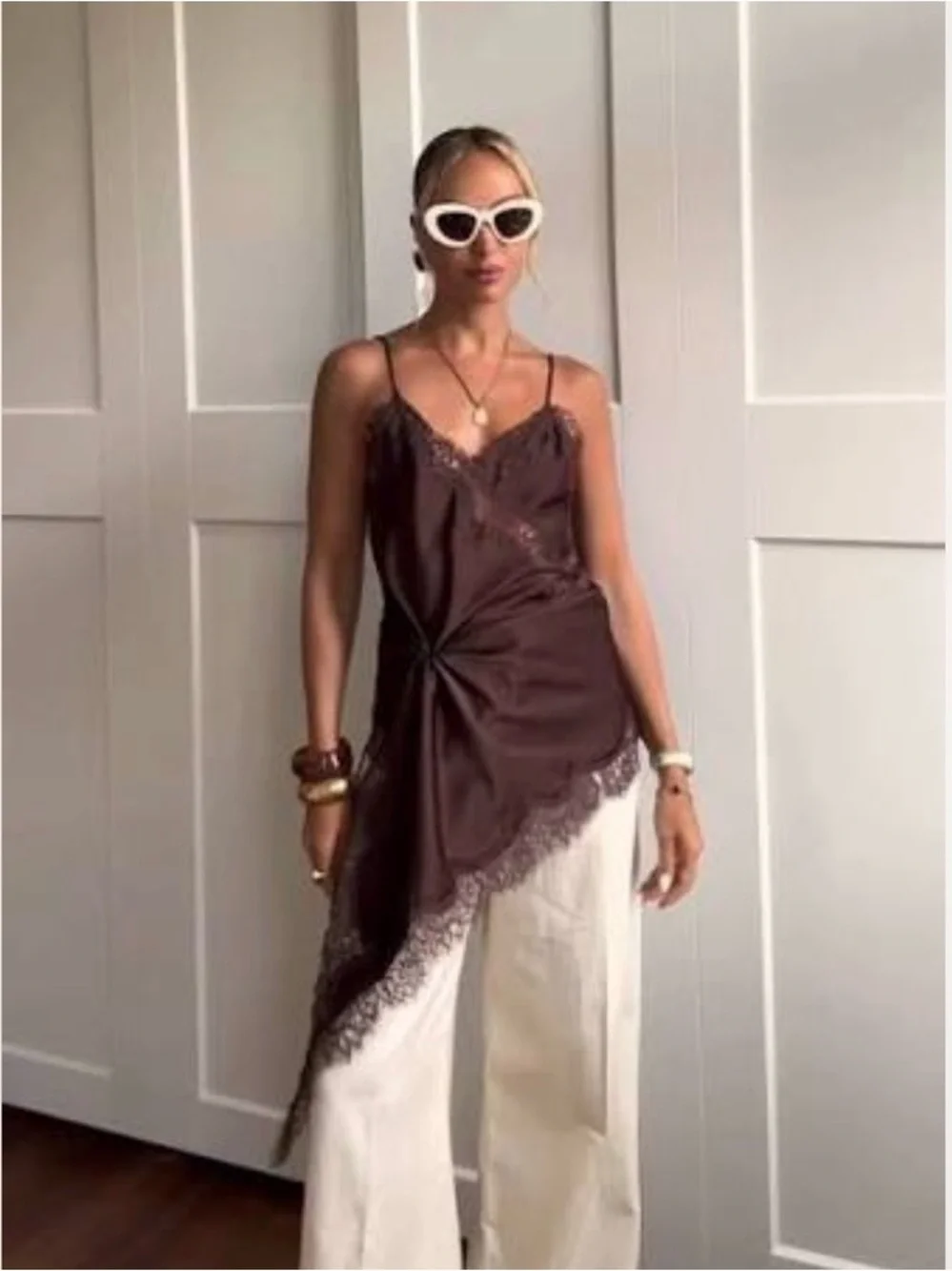 ZARA Satin Effect Chocolate Brown Lace Trim Asymmetric Slip Dress NWT - Picture 13 of 16